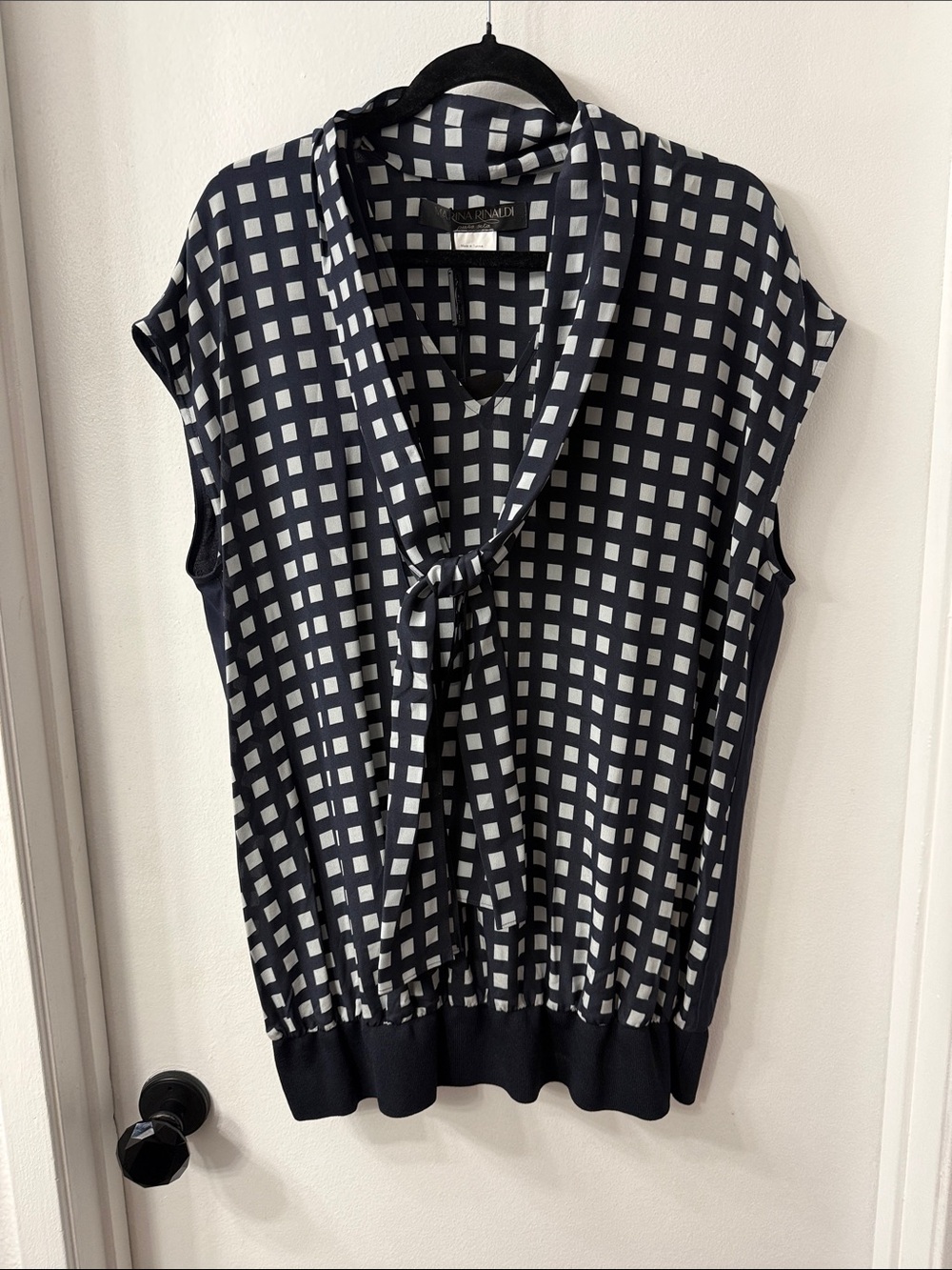 Marina Rinaldi Silk Navy and White Check Tie-Neck Cap Sleeve Blouse NWT